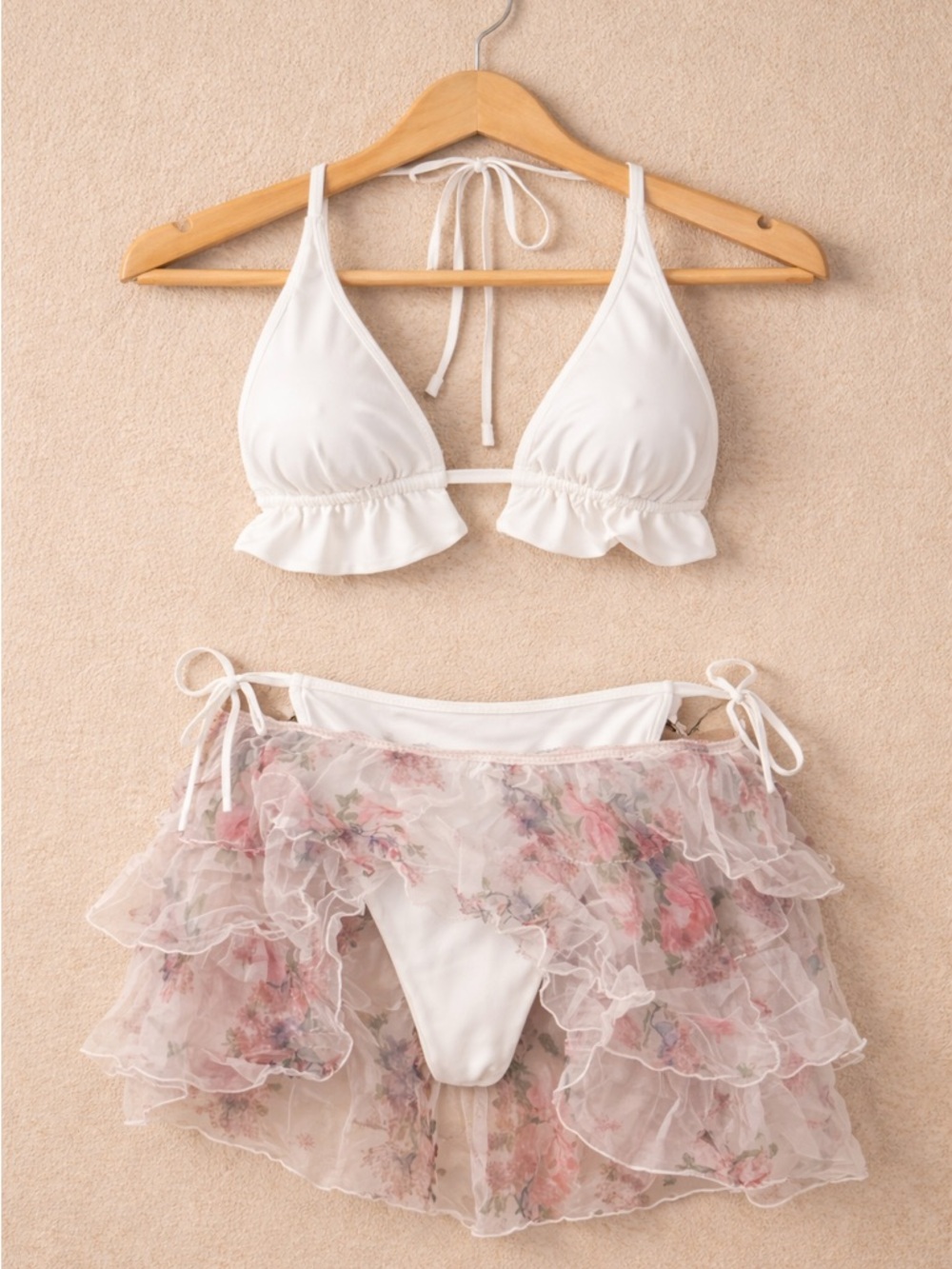 Floral Ruffle White Bikini Set with Sheer Skirt